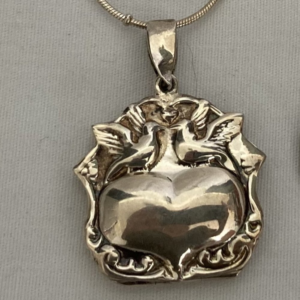 Sterling Valentines Heart Locket with Doves on a Chain
